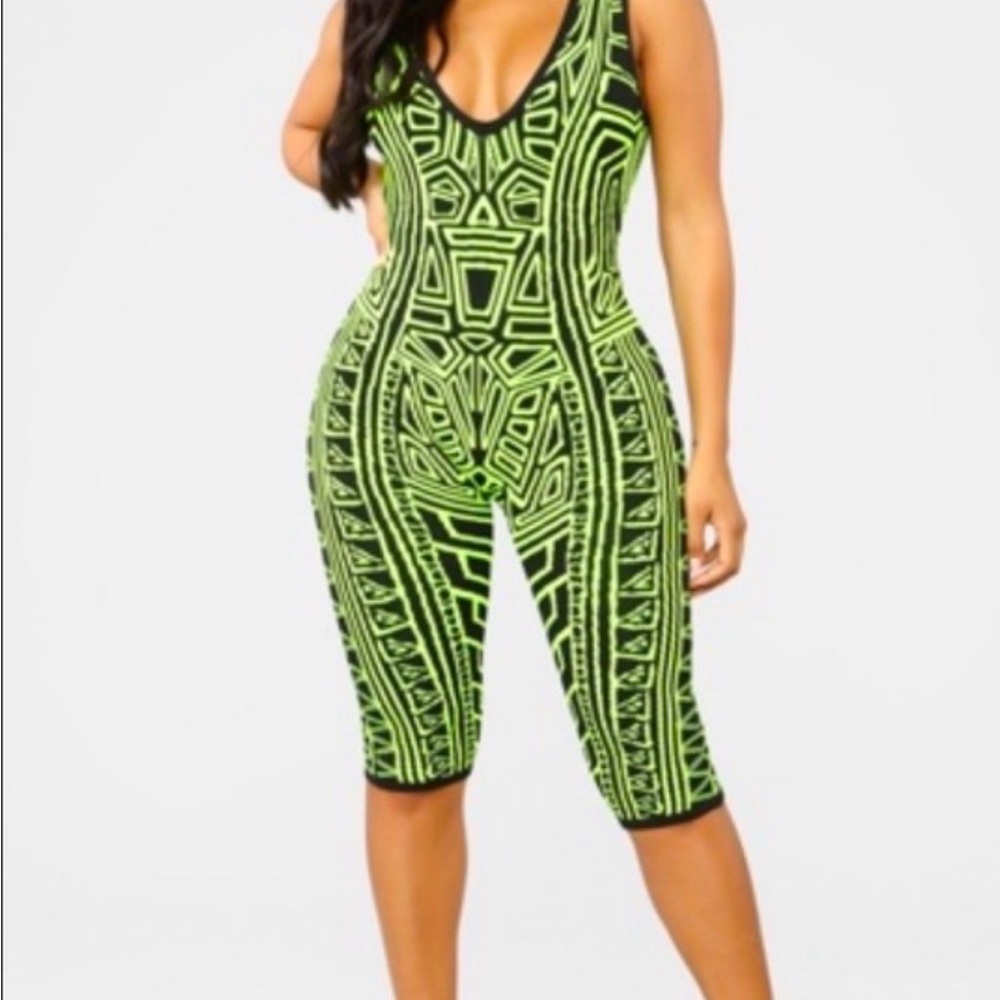 Fashion Nova Neon Green Patterned Jumpsuit